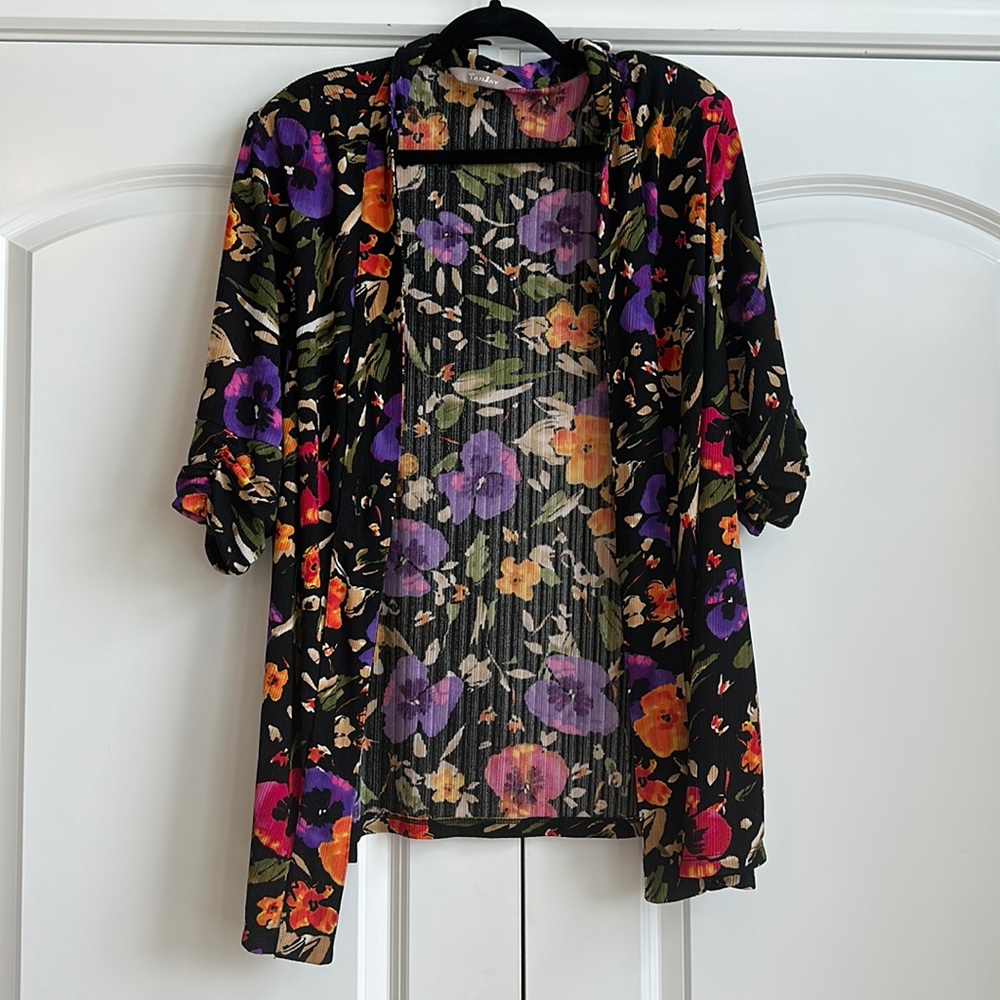 TanJay Black with Bright Colored Floral Open Front Light Weight Cardigan